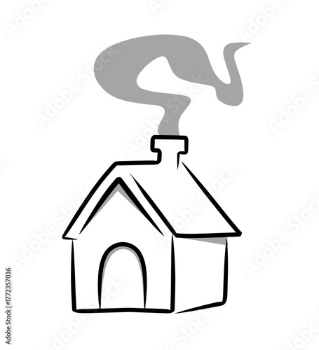 A simple house icon with smoke coming from the chimney. Drawn in minimalist lineart with minimal shading, this illustration is perfect for a variety of design projects and applications.