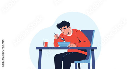 A sad and depressed young man sits alone at a table, slowly eating from a bowl, symbolizing a lack of appetite and emotional struggle.