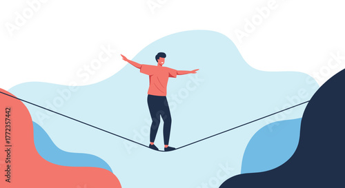 Man balancing on a tightrope between two abstract hills, demonstrating skill and balance in a challenging situation.