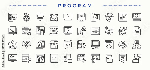 Program icon. Website line icon set. Contain linear sign develop, web, software, app, technology and more. Editable stroke vector art.