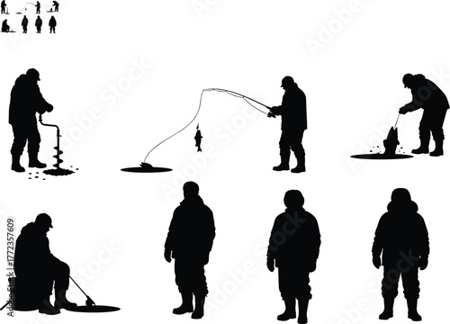 Ice fishing silhouettes, winter activity, frozen lake, auger drilling, catching fish, outdoor sport, cold weather, vector art, CAD drawing, flat illustration
