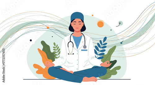 A calm and composed female doctor meditates in a peaceful setting, emphasizing wellness and stress relief in healthcare.