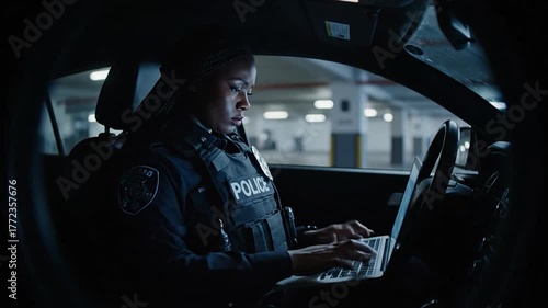 A police officer works on a laptop inside a car, parked inside a parking garage