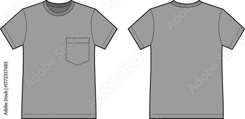 Unisex T-shirt vector flat sketch with short sleeves, round neck, and front pocket, fashion technical drawing for apparel design template