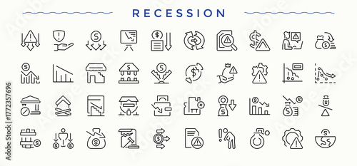 Set of Recession line icon. Includes thin line symbols pollution, smog, environment, ecology, dust, greenhouse and more. Minimalist vector collections. Dirty icon set. Pixel perfect. Editable stroke.