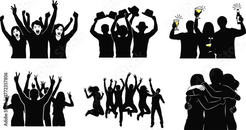 Joyful celebration silhouettes, black and white vector art, party and reunion scenes, expressive group poses, emotional social gathering illustrations
