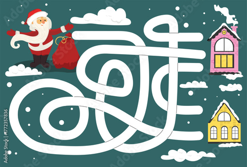 Christmas maze game for kids: help Santa with gifts get to the right house. Cute winter labyrinth puzzle, holiday activity for children, printable education worksheet.