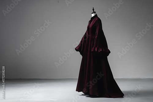 A burgundy long coat featuring flared sleeves laid out against a simple backdrop.
