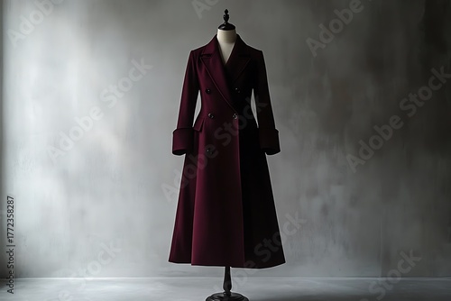 A deep wine-colored overcoat with wide sleeves presented on a plain surface.