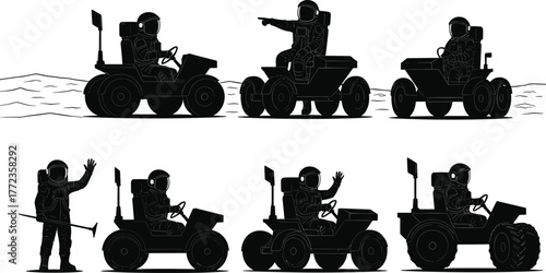 Lunar rover silhouettes, astronaut interaction, moon surface activity, black and white design, space exploration, mission gear, vehicle control, cosmic scene
