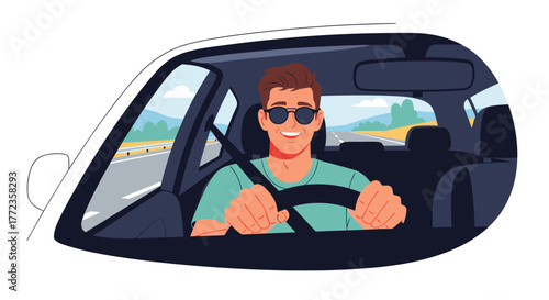 A happy young man in sunglasses smiles confidently while driving his car on a scenic highway, enjoying the open road and a pleasant journey.