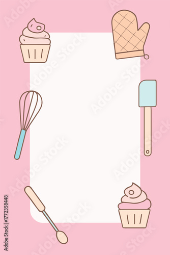 Pastel Kitchen Bakeware With Cupcakes, Mitt, Whisk, Spatula And Spoon On Pink Background