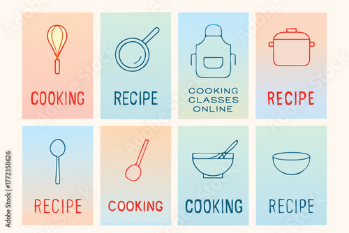 Colorful Cooking And Recipe Cards Set For Online Classes And Kitchen Inspiration