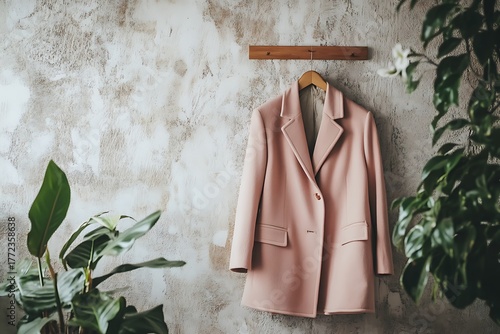 A soft dusty rose long coat displayed on a wooden hanger in front of a plain backdrop.