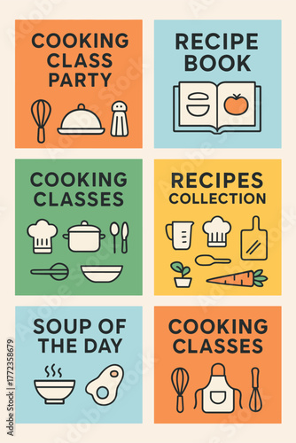 Colorful Cooking Class Posters Set With Recipe Book And Kitchen Icon Illustrations