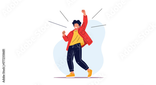 A happy young man in a red jacket celebrates success or victory with raised fists, expressing joy and excitement.