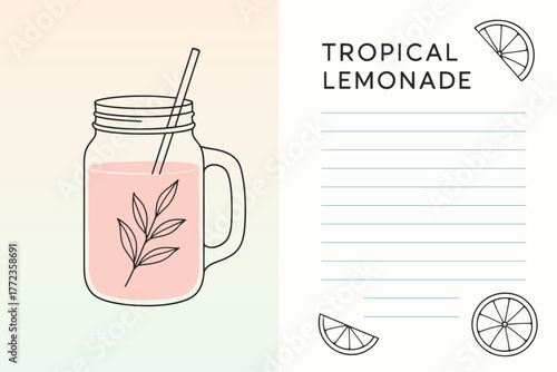 Refreshing pink lemonade drink in mason jar with straw, citrus fruits and leafy branches, pastel gradient background, summer beverage illustration, fresh and vibrant design.