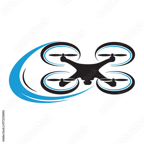 Modern drone logo design with dynamic blue swoosh for aviation technology vector