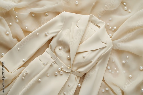 An ivory white formal long coat featuring a matching belt and refined button details.