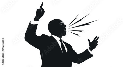 Black silhouette of a man in a suit speaking loudly, pointing up, and gesturing with energy