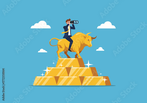 Businessman riding a golden bull over gold bars, a metaphor for a successful business and a bullish stock market outlook
