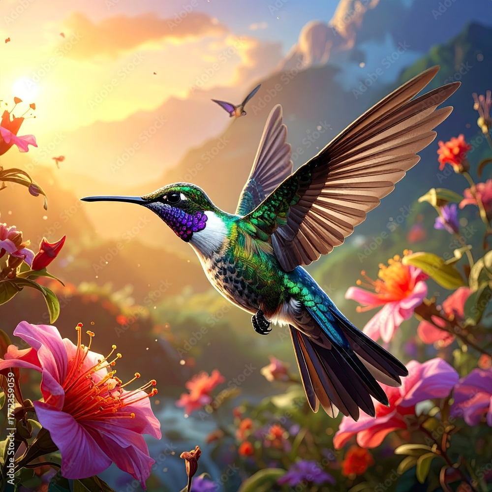Obraz premium Hummingbirds Flight - A Vibrant Dance in a Floral Paradise.