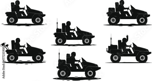 Lunar rover silhouettes, astronaut seated, space exploration vehicles, black and white design, moon mission gear, scientific equipment, rover configuration