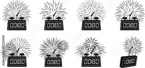Midnight celebration, digital clocks, fireworks burst, New Year moment, festive countdown, black and white design, graphic art, stylized time, event display