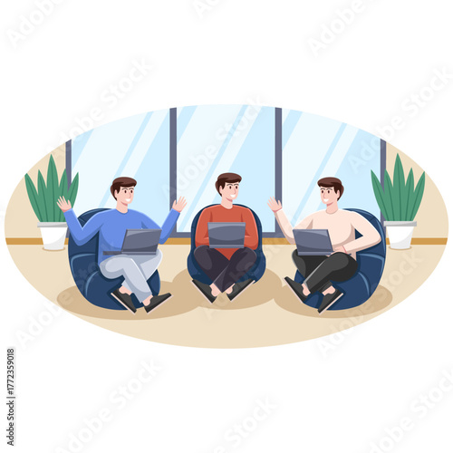 Meeting in the Office Lounge Sitting on a Cushion Chair with a Laptop