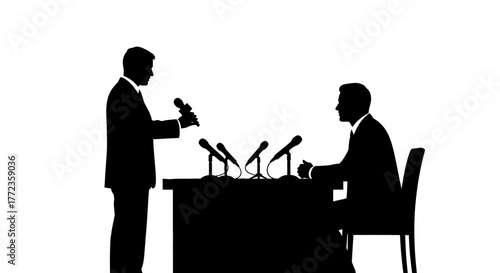 Silhouettes of a standing reporter holding a microphone and a seated person at a press conference table
