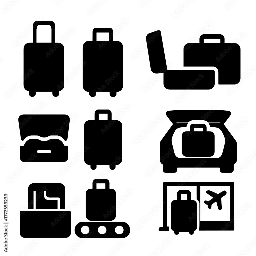 Fototapeta premium Travel essentials: modern luggage icons for airports and vacations