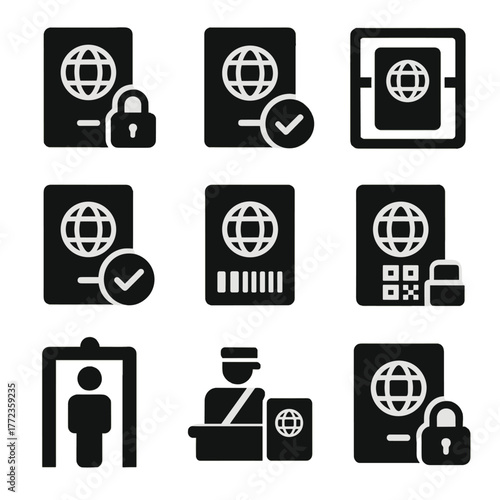 Passport security icons featuring lock, checkmark, and travel symbols