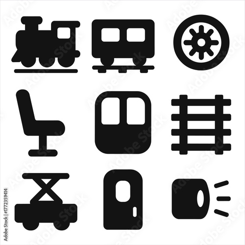 Train transportation icons set featuring locomotive, rail, and passenger elements