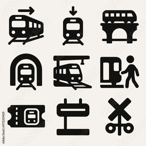Train icon set featuring stations, tickets, and pedestrian crossing symbols