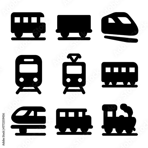 Collection of train and locomotive icons in various styles on gradient background