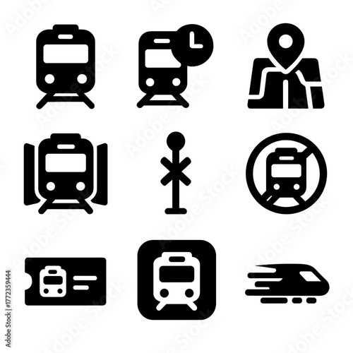Train and transportation icons set: map, ticket, gps, high-speed rail
