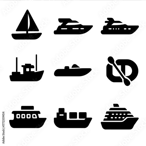Black nautical icons featuring various boats and ships on gradient background