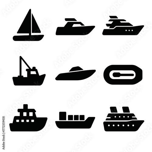 Collection of nautical icons featuring boats, ships, and vessels