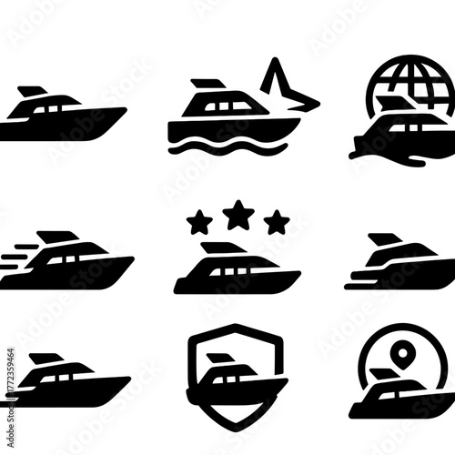 Set of yacht icons with global, location, and star elements
