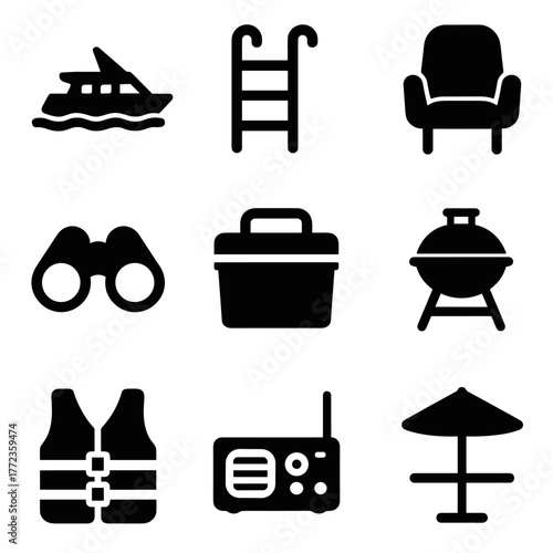 Icon set: boat, binoculars, ladder, armchair, radio, grill, umbrella, life vest