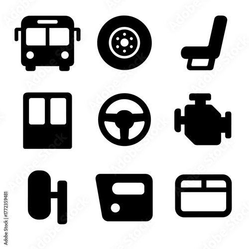 Black silhouette icons of bus and car parts on gray background