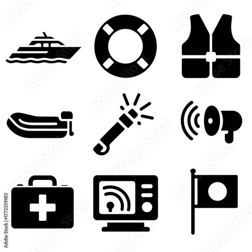 Nautical icon set: boat, lifebuoy, vest, megaphone, first aid, radar, flag