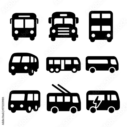 Collection of bus icons featuring electric and double decker designs