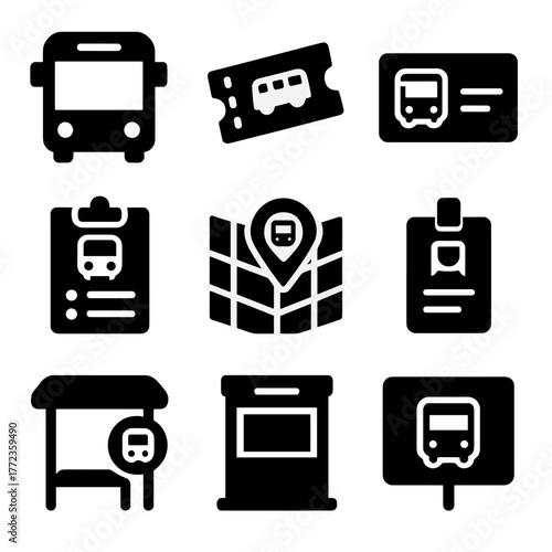 Bus transportation icons map ticket station timetable location symbol set