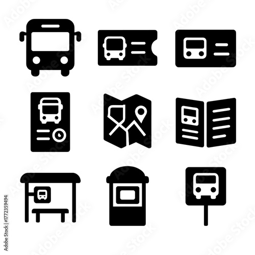 Black public transport icons set featuring bus and ticket symbols
