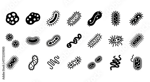 Set of black and white vector icons representing various bacteria, viruses, and germs for microbiology and science concepts