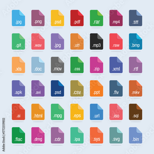 Collection of file type icons on a light blue background
