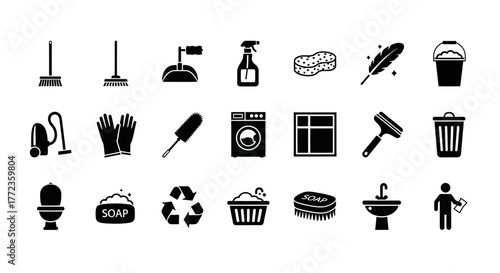 Collection of cleaning service and housekeeping icons. A set of simple glyphs for household chores, hygiene, and domestic maintenance tasks