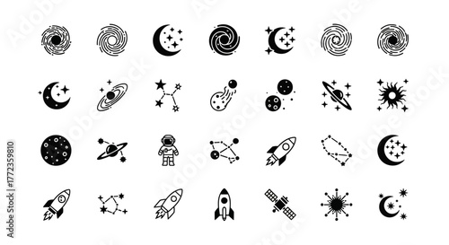 A minimalist collection of black line art icons representing space, astronomy, and cosmic exploration, including galaxies, planets, and rockets