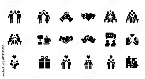 A solid glyph icon set symbolizing friendship, love, and relationships, featuring couples, teamwork, and support symbols for design projects